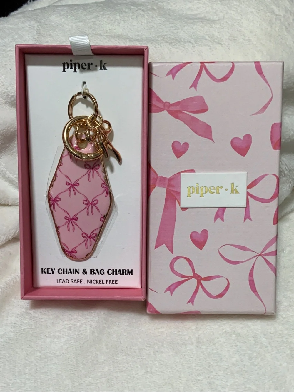 Piper Pink Bow-Print Key Chain & Bag Charm with Gold Hardware